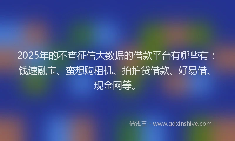 2025年的不查征信大数据的借款平台有哪些有：钱速融宝、蛮想购租机、拍拍贷借款、好易借、现金网等。