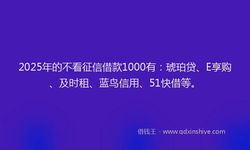 2025年的不看征信借款1000有：琥珀贷、E享购、及时租、蓝鸟信用、51快借等。
