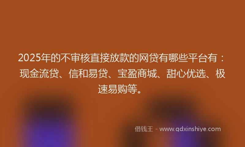 2025年的不审核直接放款的网贷有哪些平台有：现金流贷、信和易贷、宝盈商城、甜心优选、极速易购等。