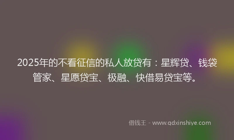 2025年的不看征信的私人放贷有：星辉贷、钱袋管家、星愿贷宝、极融、快借易贷宝等。