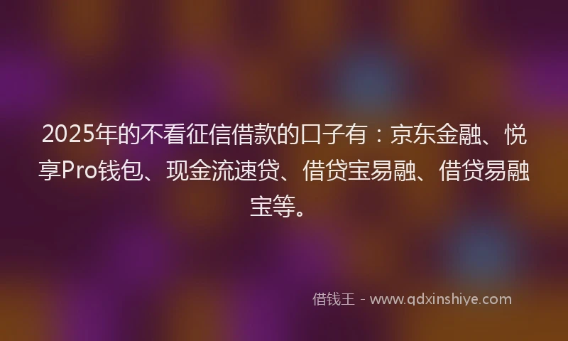 2025年的不看征信借款的口子有：京东金融、悦享Pro钱包、现金流速贷、借贷宝易融、借贷易融宝等。