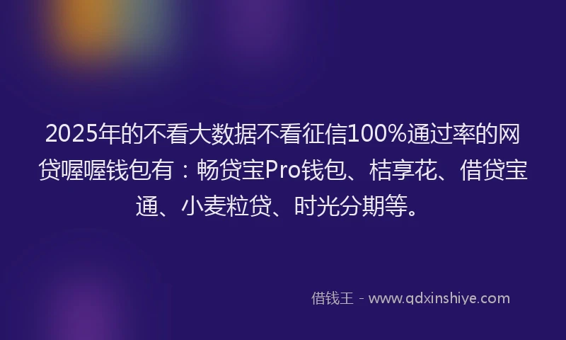 2025年的不看大数据不看征信100%通过率的网贷喔喔钱包有：畅贷宝Pro钱包、桔享花、借贷宝通、小麦粒贷、时光分期等。