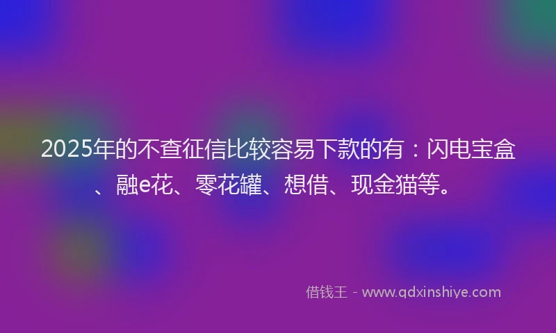 2025年的不查征信比较容易下款的有：闪电宝盒、融e花、零花罐、想借、现金猫等。