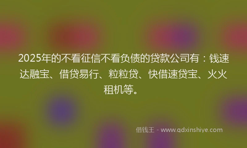 2025年的不看征信不看负债的贷款公司有：钱速达融宝、借贷易行、粒粒贷、快借速贷宝、火火租机等。