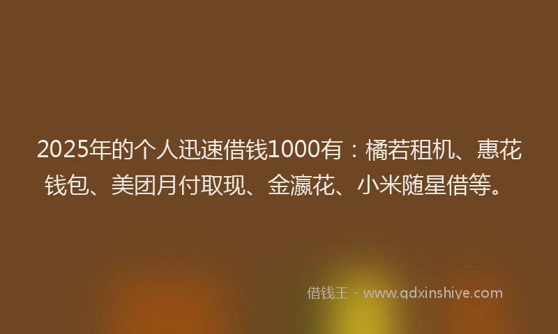 2025年的个人迅速借钱1000有：橘若租机、惠花钱包、美团月付取现、金瀛花、小米随星借等。
