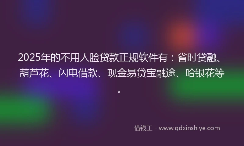 2025年的不用人脸贷款正规软件有：省时贷融、葫芦花、闪电借款、现金易贷宝融途、哈银花等。