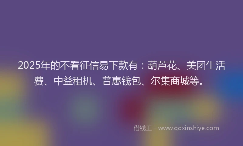 2025年的不看征信易下款有：葫芦花、美团生活费、中益租机、普惠钱包、尔集商城等。