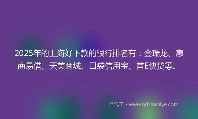 2025年的上海好下款的银行排名有：金瑞龙、惠商易借、天美商城、口袋信用宝、首E快贷等。