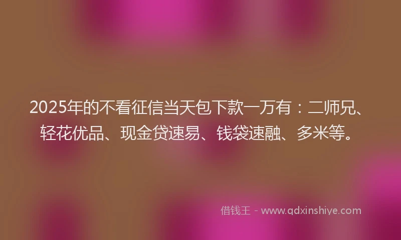 2025年的不看征信当天包下款一万有：二师兄、轻花优品、现金贷速易、钱袋速融、多米等。