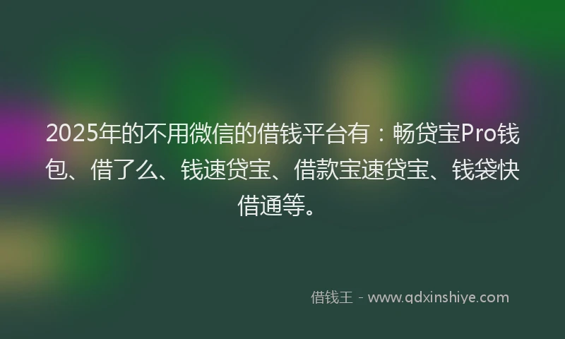 2025年的不用微信的借钱平台有：畅贷宝Pro钱包、借了么、钱速贷宝、借款宝速贷宝、钱袋快借通等。
