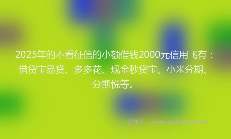 2025年的不看征信的小额借钱2000元信用飞有：借贷宝易贷、多多花、现金秒贷宝、小米分期、分期悦等。