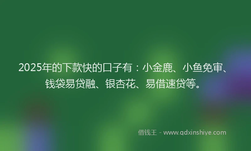 2025年的下款快的口子有：小金鹿、小鱼免审、钱袋易贷融、银杏花、易借速贷等。