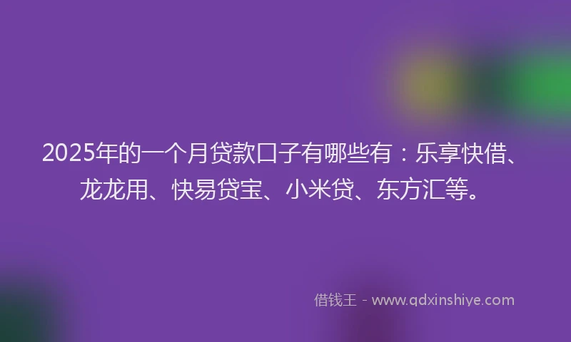 2025年的一个月贷款口子有哪些有：乐享快借、龙龙用、快易贷宝、小米贷、东方汇等。