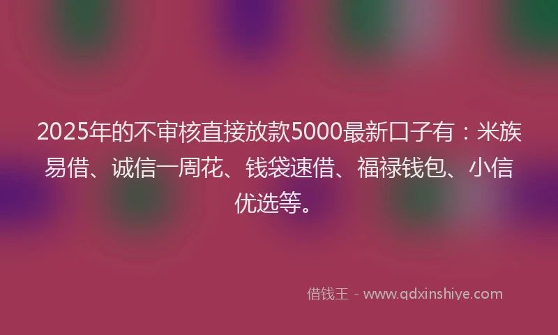 2025年的不审核直接放款5000最新口子有：米族易借、诚信一周花、钱袋速借、福禄钱包、小信优选等。