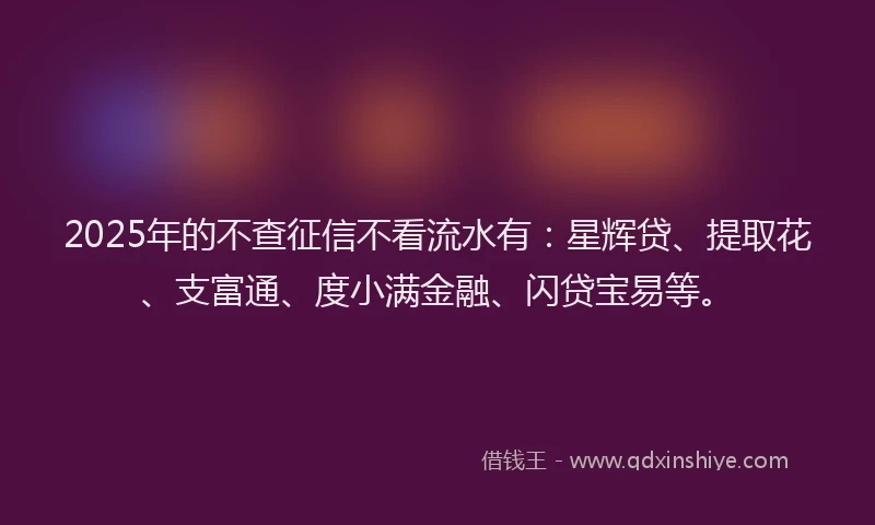 2025年的不查征信不看流水有：星辉贷、提取花、支富通、度小满金融、闪贷宝易等。