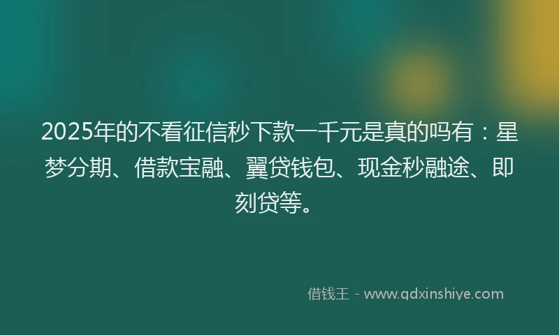 2025年的不看征信秒下款一千元是真的吗有：星梦分期、借款宝融、翼贷钱包、现金秒融途、即刻贷等。