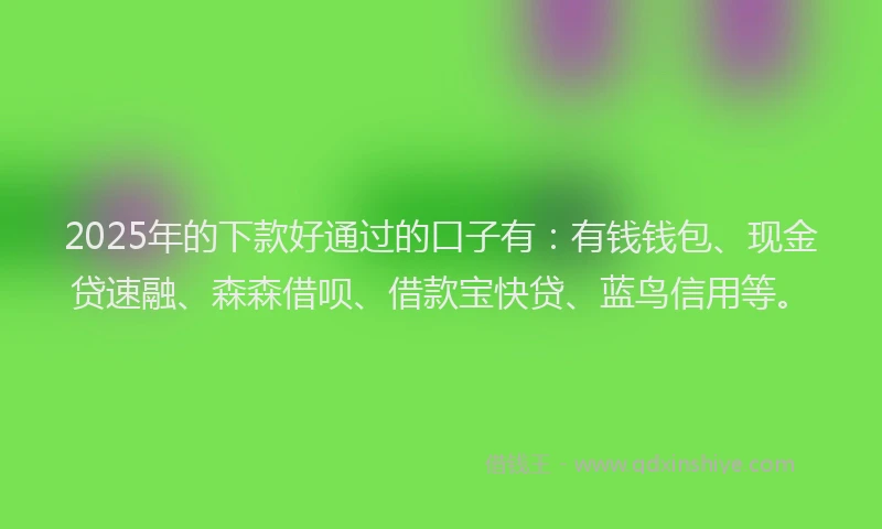 2025年的下款好通过的口子有：有钱钱包、现金贷速融、森森借呗、借款宝快贷、蓝鸟信用等。