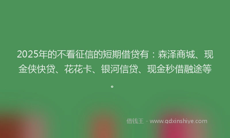 2025年的不看征信的短期借贷有：森泽商城、现金侠快贷、花花卡、银河信贷、现金秒借融途等。