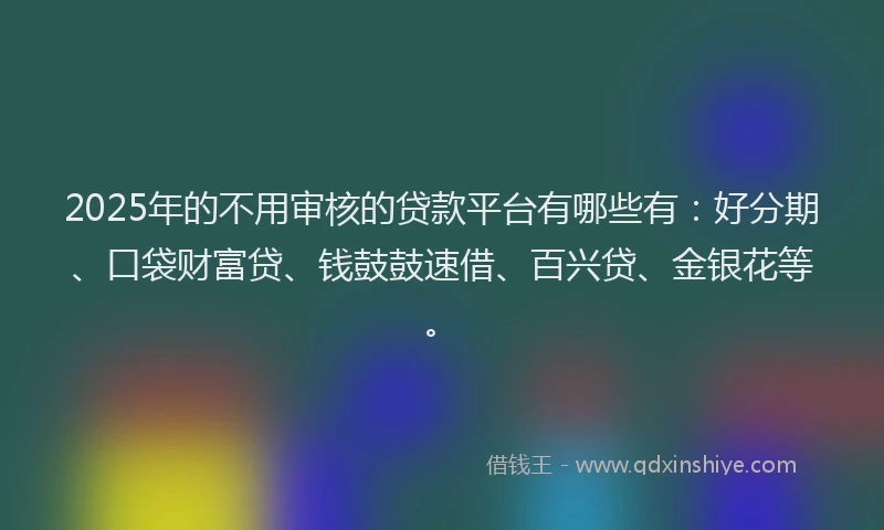 2025年的不用审核的贷款平台有哪些有：好分期、口袋财富贷、钱鼓鼓速借、百兴贷、金银花等。