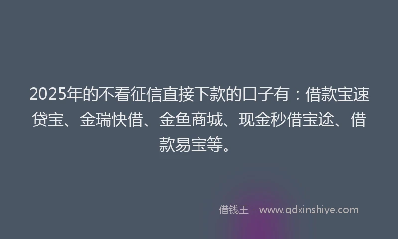 2025年的不看征信直接下款的口子有：借款宝速贷宝、金瑞快借、金鱼商城、现金秒借宝途、借款易宝等。