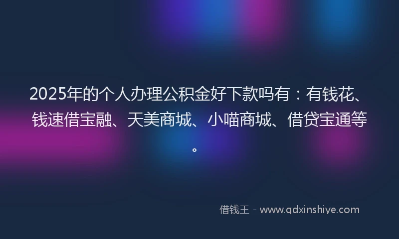 2025年的个人办理公积金好下款吗有：有钱花、钱速借宝融、天美商城、小喵商城、借贷宝通等。