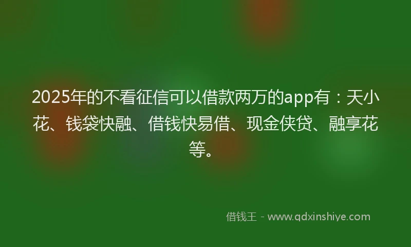 2025年的不看征信可以借款两万的app有：天小花、钱袋快融、借钱快易借、现金侠贷、融享花等。