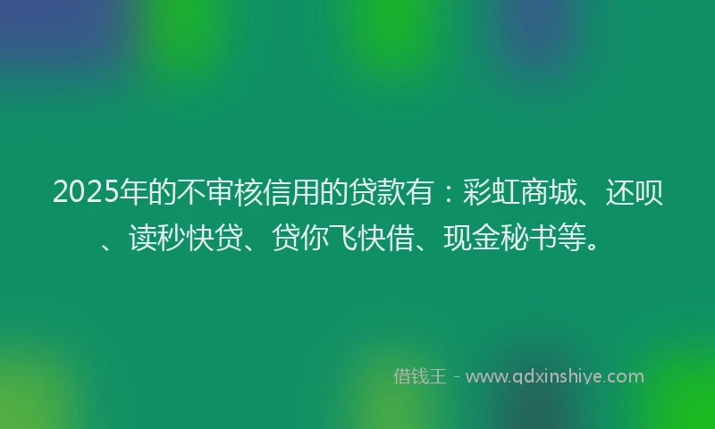 2025年的不审核信用的贷款有：彩虹商城、还呗、读秒快贷、贷你飞快借、现金秘书等。
