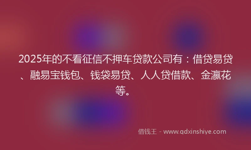 2025年的不看征信不押车贷款公司有：借贷易贷、融易宝钱包、钱袋易贷、人人贷借款、金瀛花等。