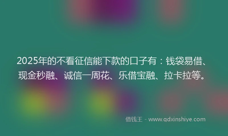 2025年的不看征信能下款的口子有：钱袋易借、现金秒融、诚信一周花、乐借宝融、拉卡拉等。