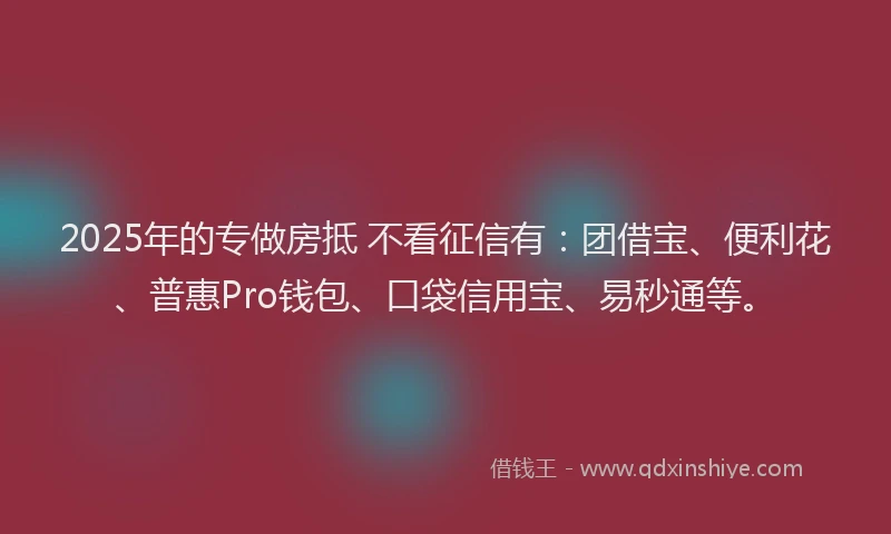 2025年的专做房抵 不看征信有：团借宝、便利花、普惠Pro钱包、口袋信用宝、易秒通等。