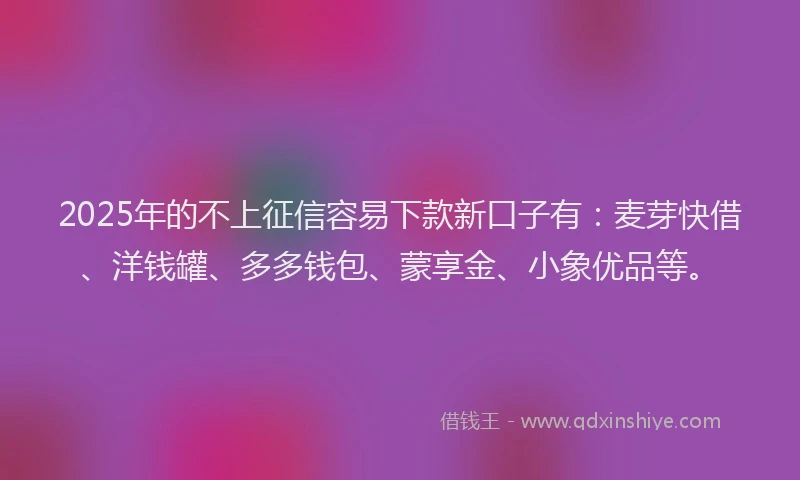 2025年的不上征信容易下款新口子有：麦芽快借、洋钱罐、多多钱包、蒙享金、小象优品等。
