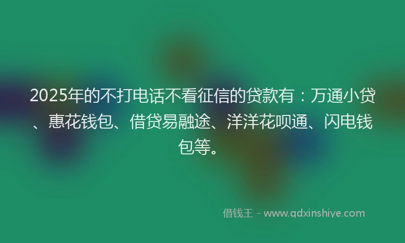 2025年的不打电话不看征信的贷款有：万通小贷、惠花钱包、借贷易融途、洋洋花呗通、闪电钱包等。