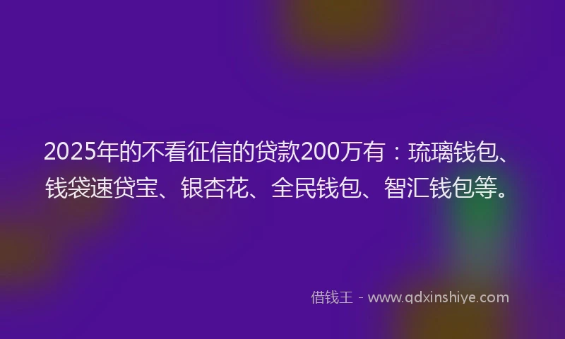 2025年的不看征信的贷款200万有：琉璃钱包、钱袋速贷宝、银杏花、全民钱包、智汇钱包等。