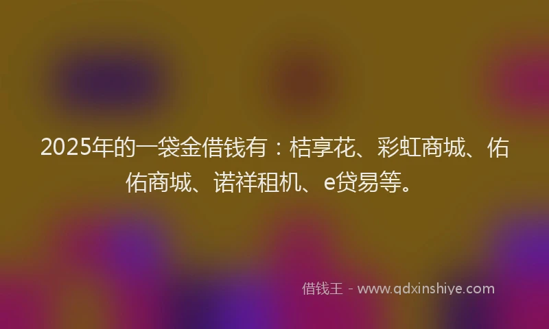 2025年的一袋金借钱有：桔享花、彩虹商城、佑佑商城、诺祥租机、e贷易等。