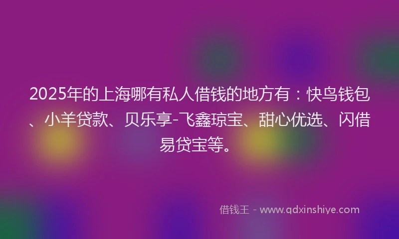 2025年的上海哪有私人借钱的地方有：快鸟钱包、小羊贷款、贝乐享-飞鑫琼宝、甜心优选、闪借易贷宝等。