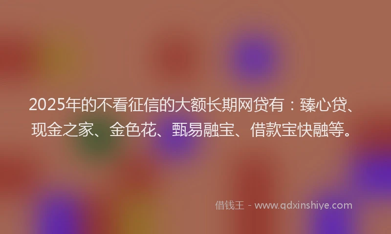 2025年的不看征信的大额长期网贷有：臻心贷、现金之家、金色花、甄易融宝、借款宝快融等。