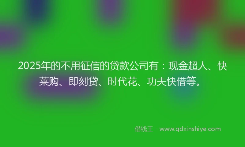2025年的不用征信的贷款公司有：现金超人、快莱购、即刻贷、时代花、功夫快借等。
