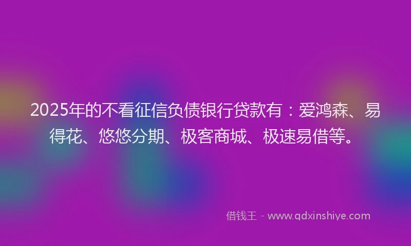 2025年的不看征信负债银行贷款有：爱鸿森、易得花、悠悠分期、极客商城、极速易借等。