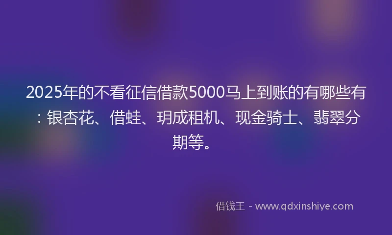 2025年的不看征信借款5000马上到账的有哪些有：银杏花、借蛙、玥成租机、现金骑士、翡翠分期等。