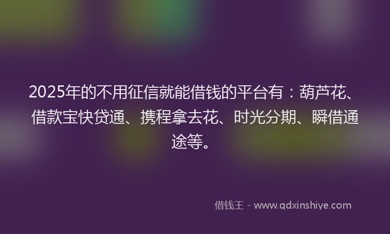 2025年的不用征信就能借钱的平台有：葫芦花、借款宝快贷通、携程拿去花、时光分期、瞬借通途等。