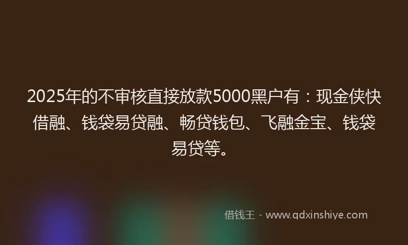 2025年的不审核直接放款5000黑户有：现金侠快借融、钱袋易贷融、畅贷钱包、飞融金宝、钱袋易贷等。