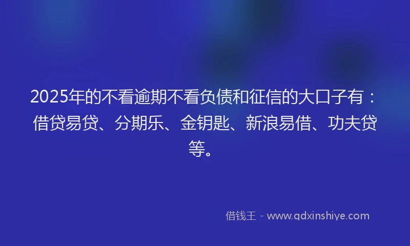2025年的不看逾期不看负债和征信的大口子有：借贷易贷、分期乐、金钥匙、新浪易借、功夫贷等。