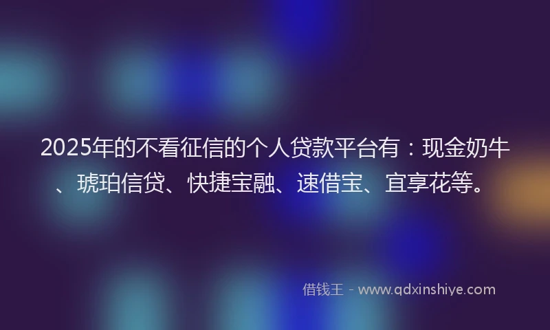 2025年的不看征信的个人贷款平台有：现金奶牛、琥珀信贷、快捷宝融、速借宝、宜享花等。