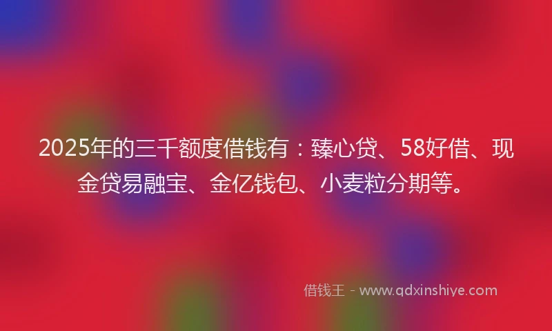 2025年的三千额度借钱有：臻心贷、58好借、现金贷易融宝、金亿钱包、小麦粒分期等。