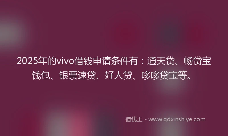 2025年的vivo借钱申请条件有：通天贷、畅贷宝钱包、银票速贷、好人贷、哆哆贷宝等。