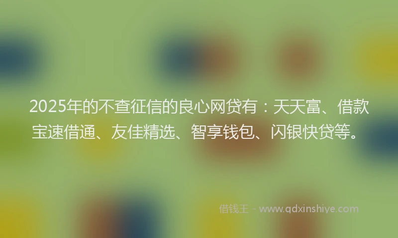 2025年的不查征信的良心网贷有：天天富、借款宝速借通、友佳精选、智享钱包、闪银快贷等。