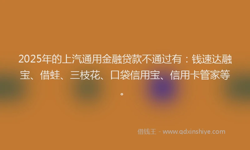 2025年的上汽通用金融贷款不通过有：钱速达融宝、借蛙、三枝花、口袋信用宝、信用卡管家等。