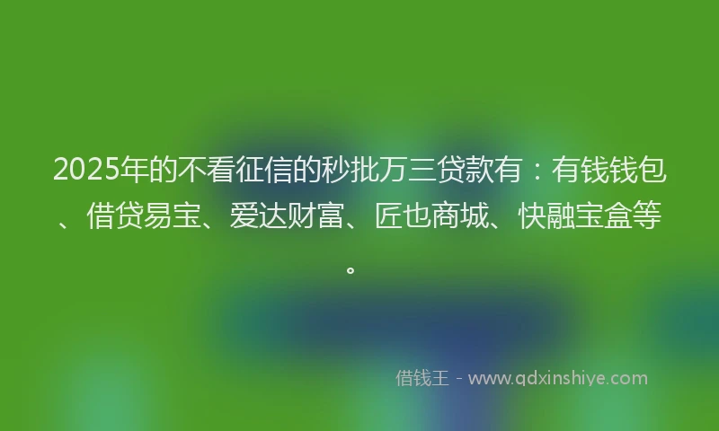2025年的不看征信的秒批万三贷款有：有钱钱包、借贷易宝、爱达财富、匠也商城、快融宝盒等。