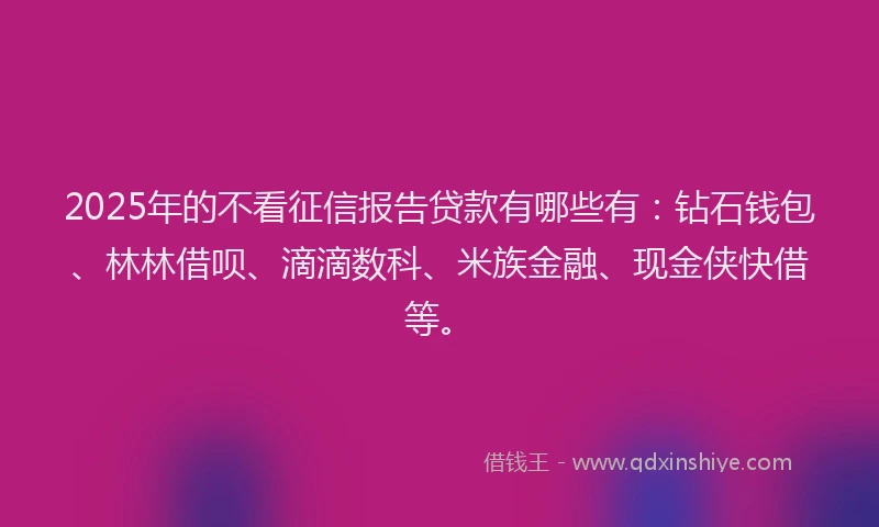 2025年的不看征信报告贷款有哪些有：钻石钱包、林林借呗、滴滴数科、米族金融、现金侠快借等。