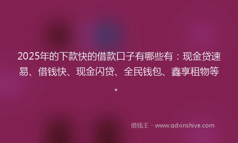 2025年的下款快的借款口子有哪些有：现金贷速易、借钱快、现金闪贷、全民钱包、鑫享租物等。